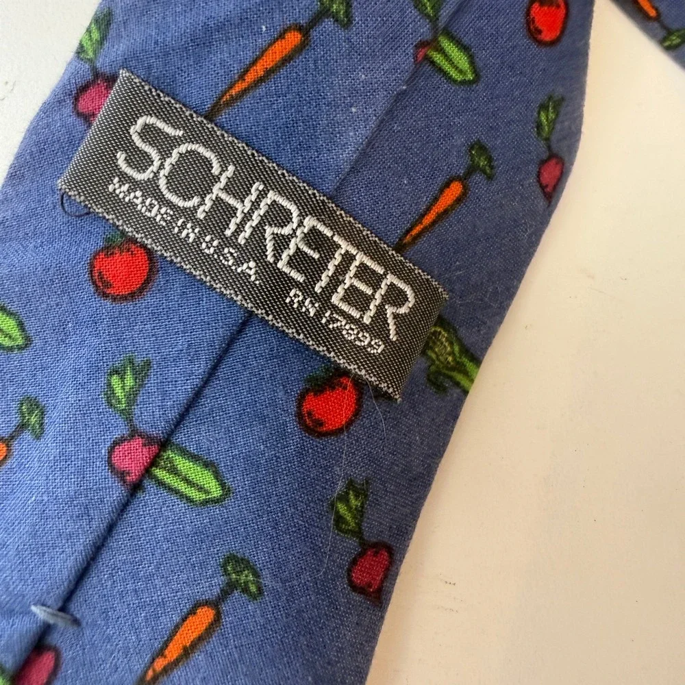 Schreter Mens Vintage Vegetable Garden Tie Blue Novelty Carrot Corn Tomato USA